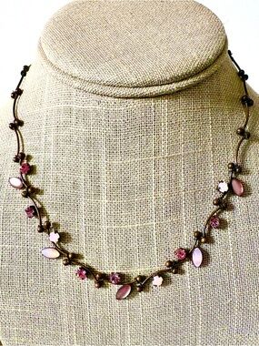 Dainty Pink Crystal Vine Necklace in Soft Bronze Metal